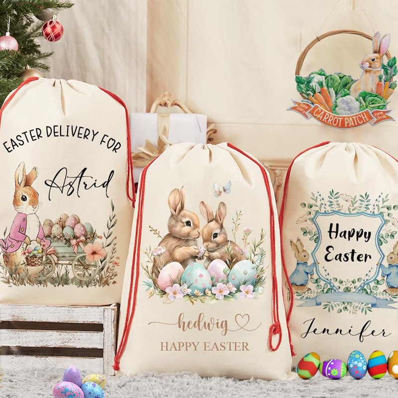Party Games Easter Egg - パーソナライズされた名前入りハッピーイースターバニーラビットギフトバッグ、カスタムエッグハントゲームバスケット、子供、男の子、女の子向け、フェスティバルパーティーデコレーション