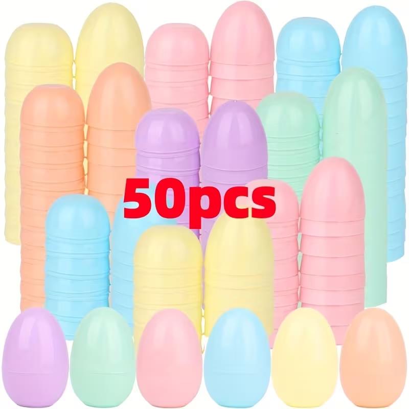 Party Games Easter Egg - 50 個マカロンカラーイースターエッグプラスチック充填可能なイースターエッグハントゲーム用品キャンディーギフト包装ボックス子供の誕生日パーティーの装飾