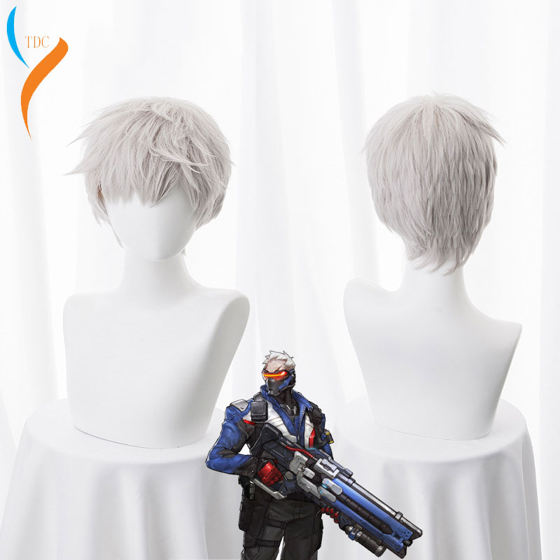 Party Games Jack - 新到着ゲームコスプレかつら 30 センチメートルショートストレートヘア兵士 76 ジャックモリソンかつら男ボーイ衣装パーティーシルバーグレー