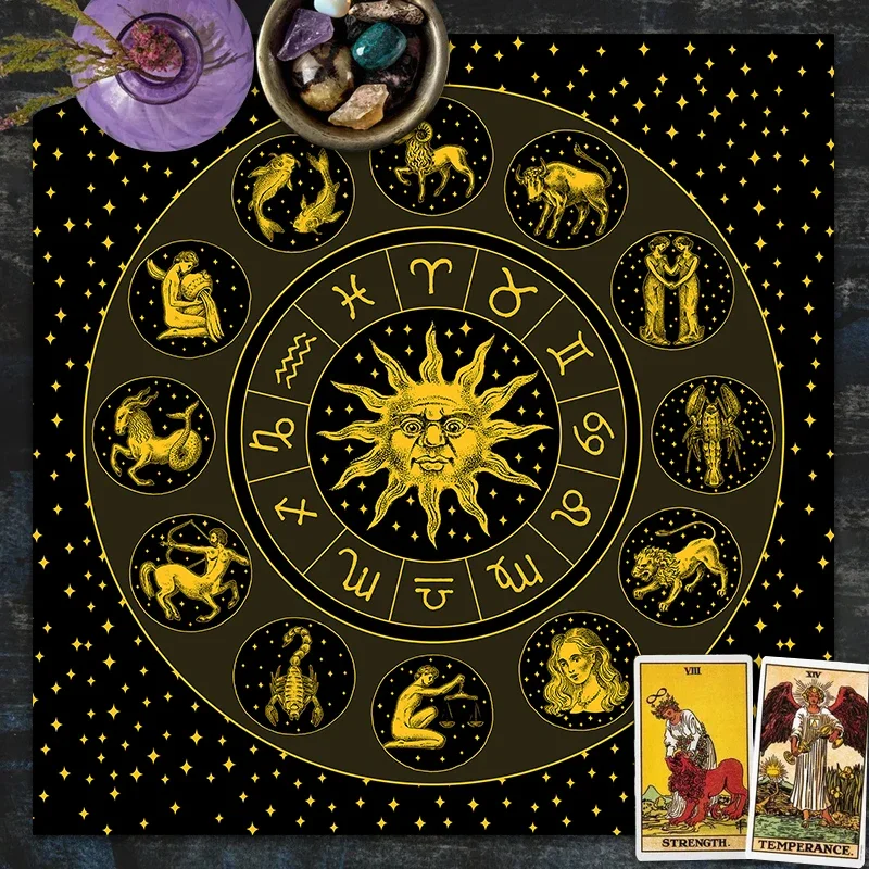 Zodiac Party Games - タロットクロス ゴールドサンゾディアック ベルベットクロス 占いボードゲームマット ポリエステルプリント ホームデコレーション