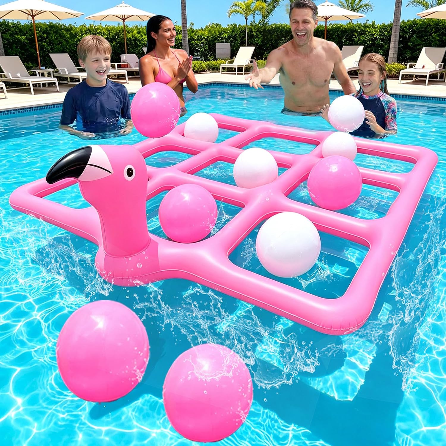 Tic Tac Toe Giant - ピンクの巨大フラミンゴプール三目並べセット、水球10個付き、夏の屋外水遊びおもちゃ、家族への素敵なパーティーギフト