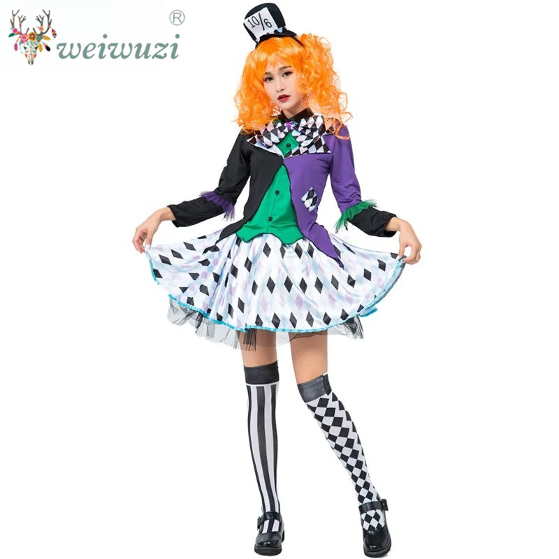 Party Games Alice In Wonderland - アニメの定番ファッションアリスの夢遊ワンダーランドオズの魔法使い夢のワンダーランドピエロ狂帽メイド衣装別体格子仮装黒紫緑三色パッチワークトップス独特の目を引く菱格子スカートひらひらハロウィンカーニバルパーティー魔術師ロリータコスプレワンピースしゃれ誇張活発黒紫緑パッチワークデザイン大胆斬新ファンタジー狂帽夢を開く遊園地怪奇テーマカーニバルパーティークレイジーで面白くて人気のある魅力的な着こなし